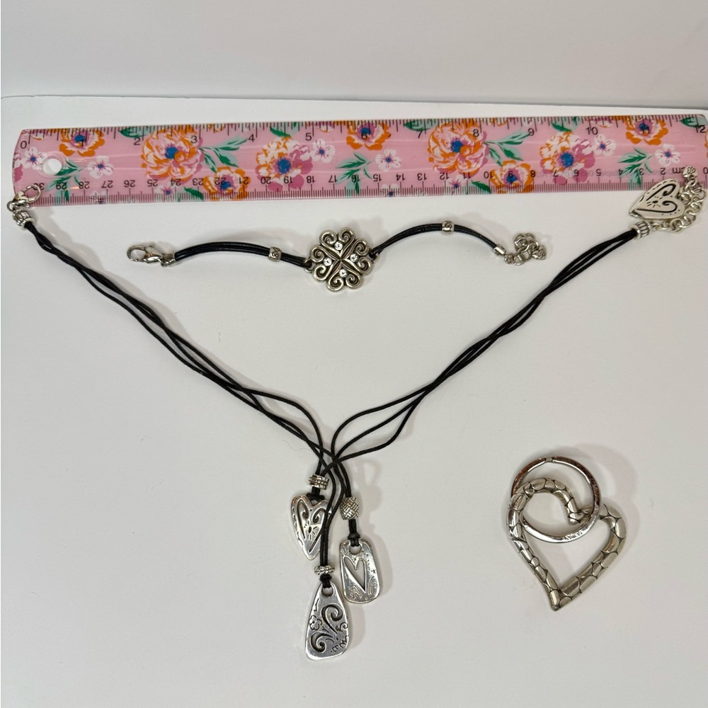 Brighton silver & leather Gift Set: Bracelet, charm necklace, heart pendant/key